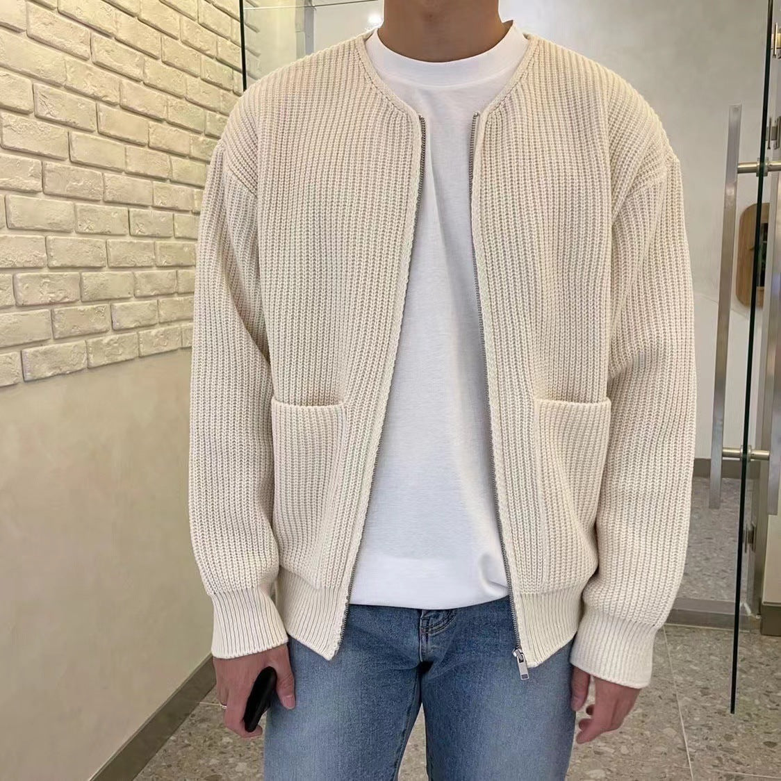 Cardigan Zippé Tricoté, Col Montant