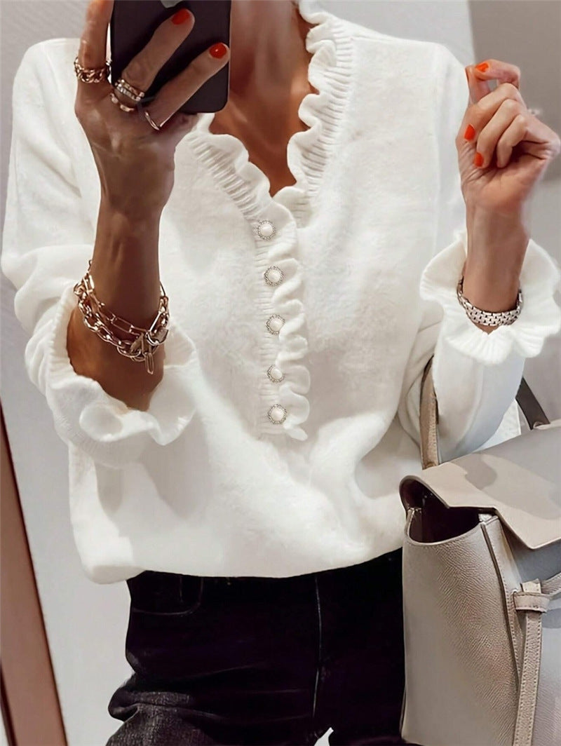 Pull Col V Volant Tricoté Manches Longues