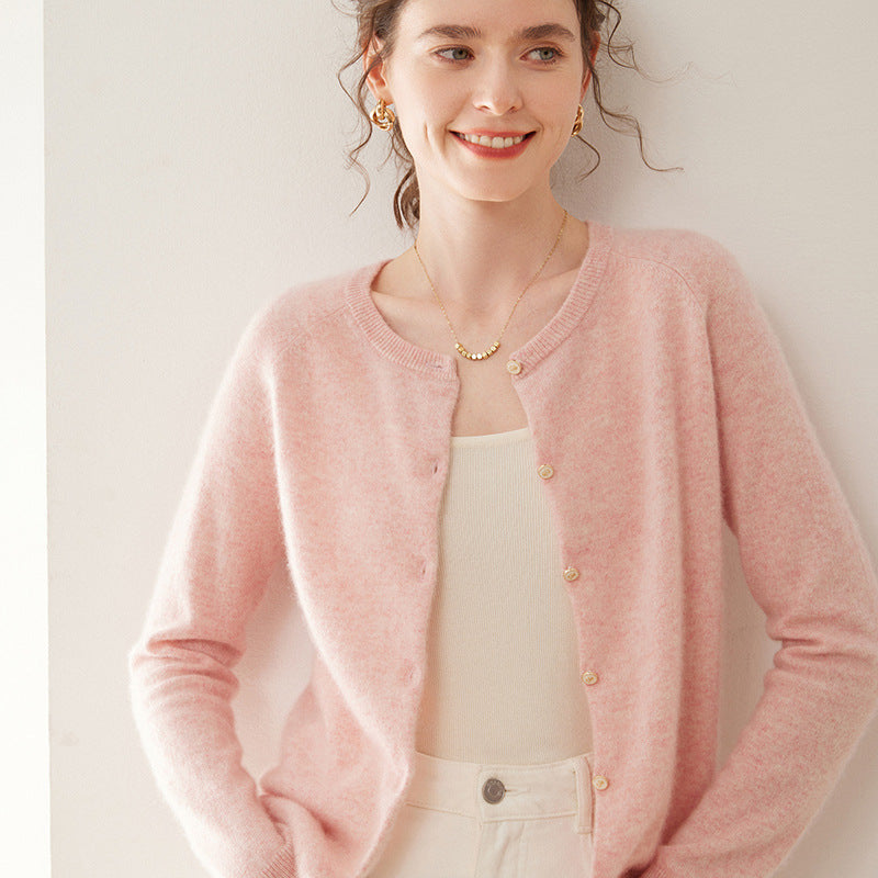 Pull cardigan à col rond en cachemire fin tricoté