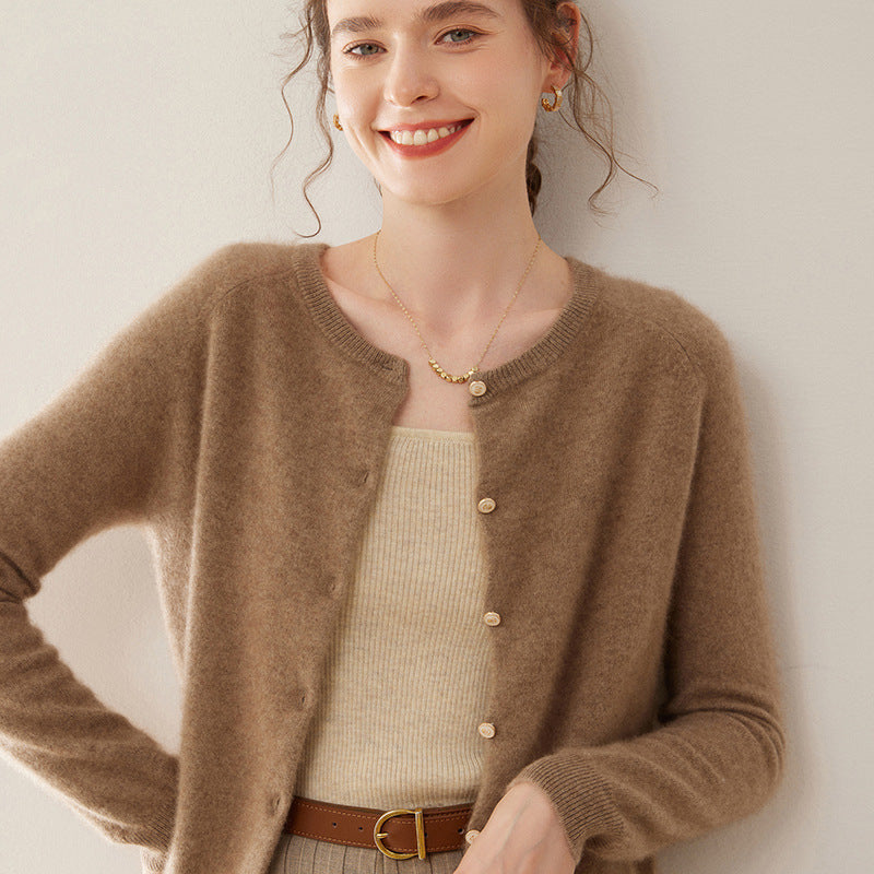 Pull cardigan à col rond en cachemire fin tricoté