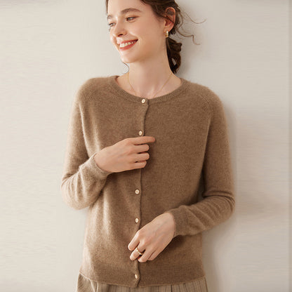 Pull cardigan à col rond en cachemire fin tricoté