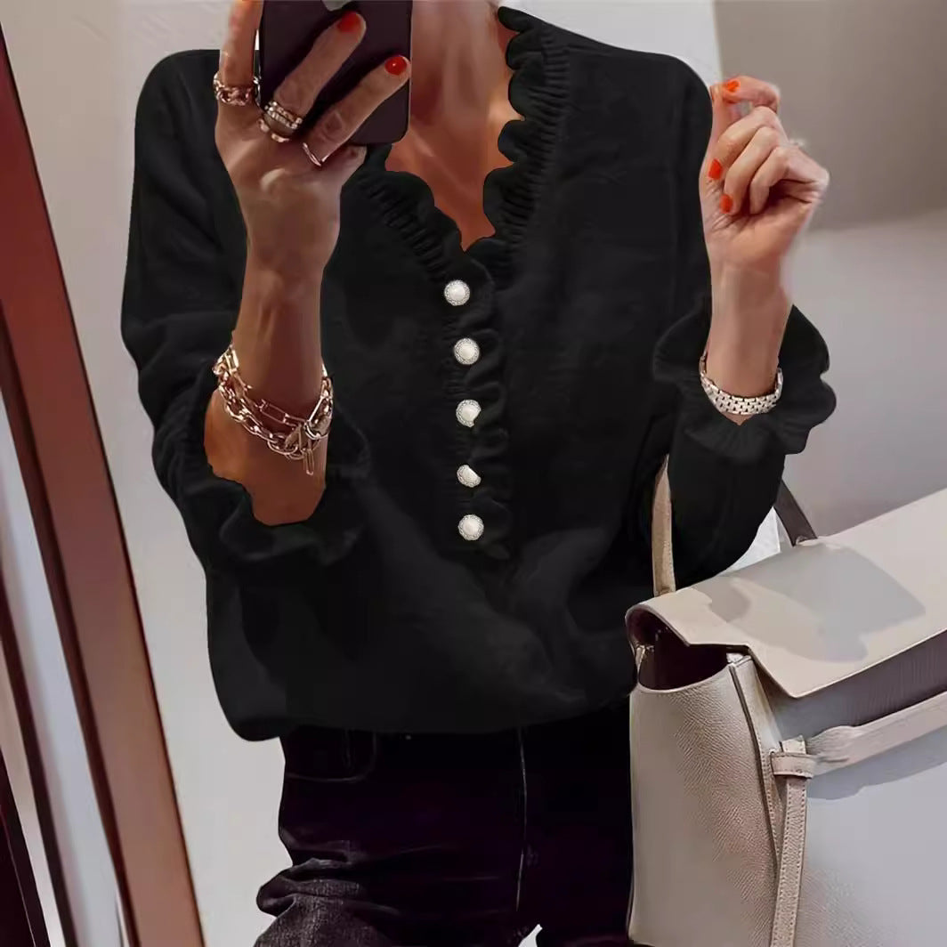Pull Col V Volant Tricoté Manches Longues