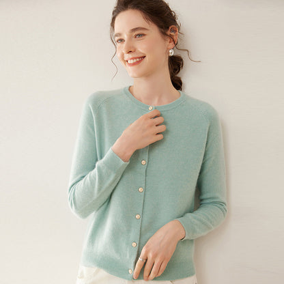 Pull cardigan à col rond en cachemire fin tricoté