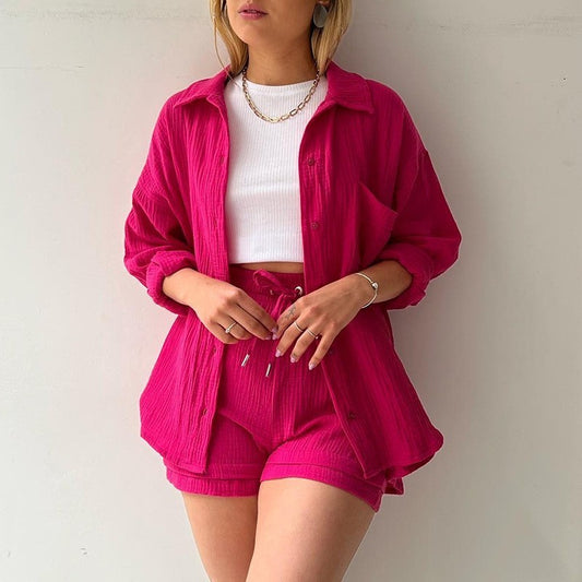 Chemise à Revers Manches Longues & Short Taille Haute à Cordon