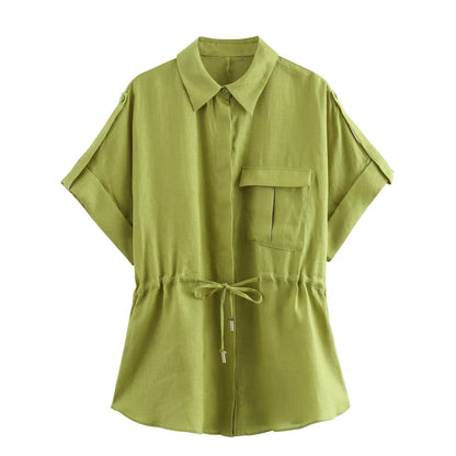 Ensemble d’été femme en lin – Chemise et pantalon taille haute décontractés