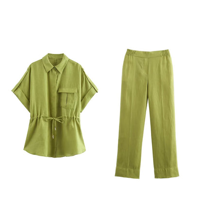 Ensemble d’été femme en lin – Chemise et pantalon taille haute décontractés