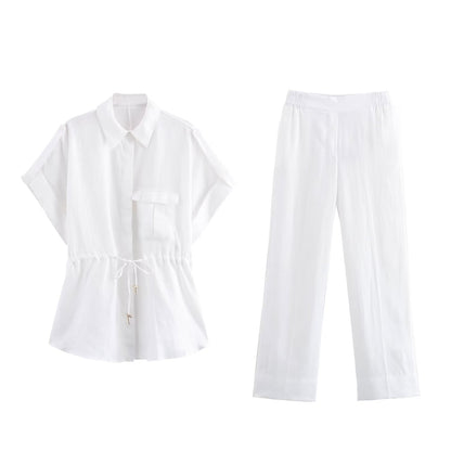 Ensemble d’été femme en lin – Chemise et pantalon taille haute décontractés