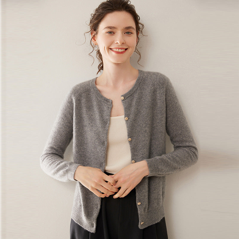 Pull cardigan à col rond en cachemire fin tricoté