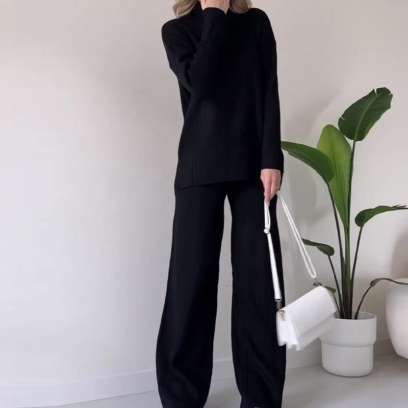 Ensemble décontracté : Haut col roulé tricoté & Pantalon droit