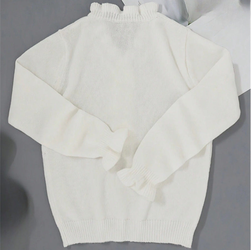 Pull Col V Volant Tricoté Manches Longues
