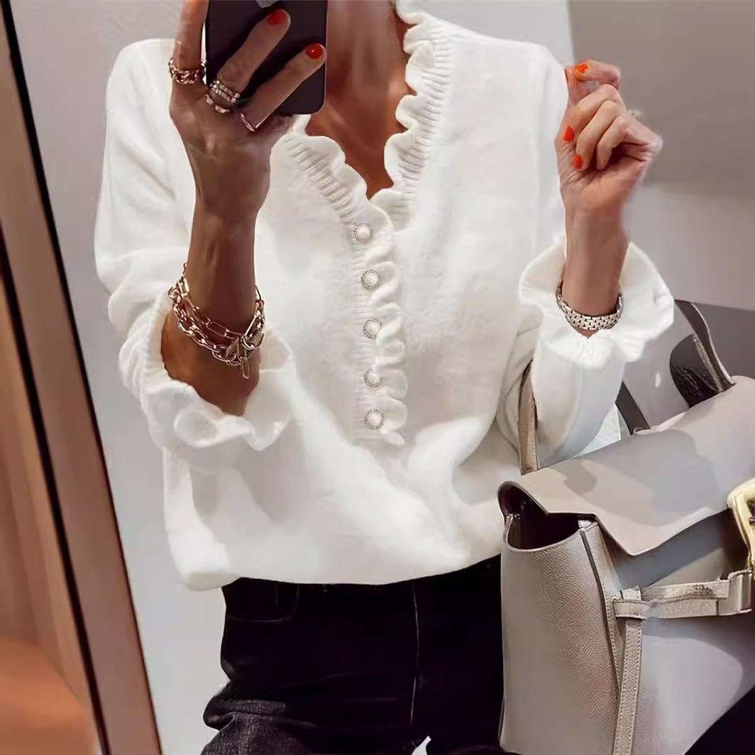 Pull Col V Volant Tricoté Manches Longues