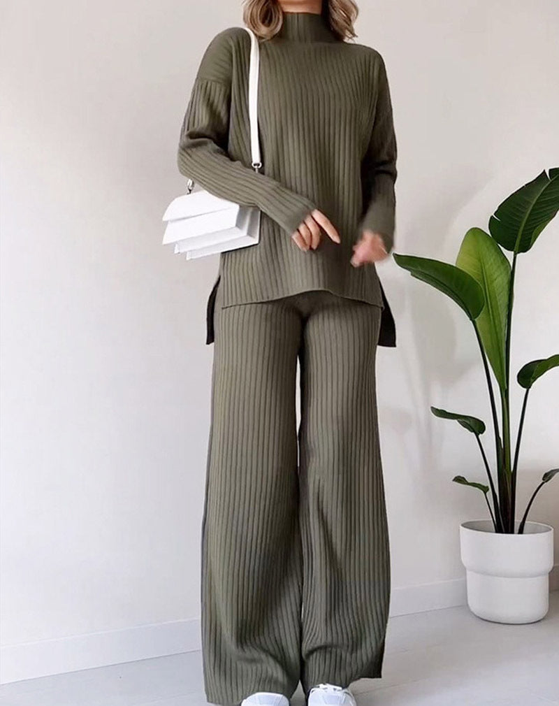 Ensemble décontracté : Haut col roulé tricoté & Pantalon droit